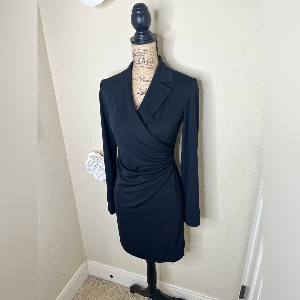NTM: Express Pullover Wrap Style Tuxedo Look Long Sleeve Black Dress Sz 3/4 - Picture 5 of 14